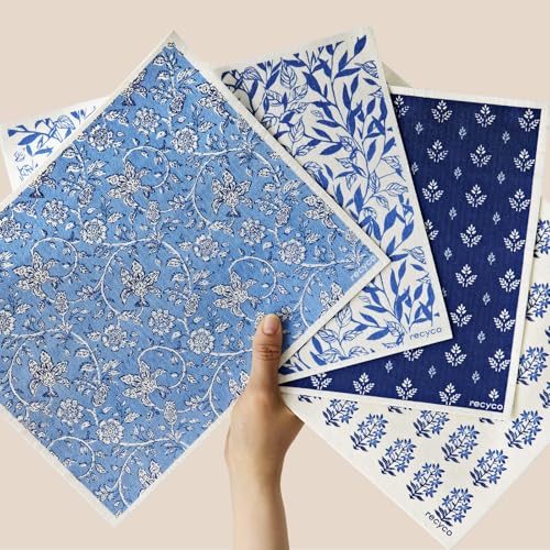 RECYCO Swedish Dishcloths for Kitchen | 4 Pack Oversized Washable Dish Rags | Large Cellulose Reusable Cleaning Paper Towels | Absorbent Counter Dish Cloth Sponge XL Kitchen Wipes, 12" L x 10" W - color: Heritage Florals Blue - Xl 4 Pack