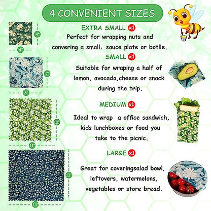 Reusable Beeswax Wrap, 4 Pack Eco-Friendly Beeswax Wraps For Food, Organic, Sustainable, Biodegradable, Zero Waste, Plastic-Free Food Storage (Flowers and Leaves)