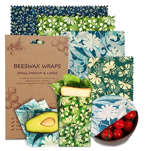 Reusable Beeswax Wrap, 4 Pack Eco-Friendly Beeswax Wraps For Food, Organic, Sustainable, Biodegradable, Zero Waste, Plastic-Free Food Storage (Flowers and Leaves)