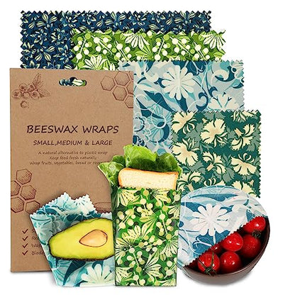 Reusable Beeswax Wrap, 4 Pack Eco-Friendly Beeswax Wraps For Food, Organic, Sustainable, Biodegradable, Zero Waste, Plastic-Free Food Storage (Flowers and Leaves)