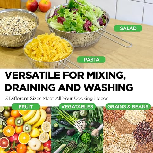 Premium 18/8 304 Stainless Steel Set of 3 – Micro-Perforated Strainer with Long Handle, Self-Draining Base for Pasta Rice Vegetables, 18/8 304 Heavy Duty (1.5, 2.5, 4 Qt) Made in Korea - size: 1.5+2.5+4QT Strainer