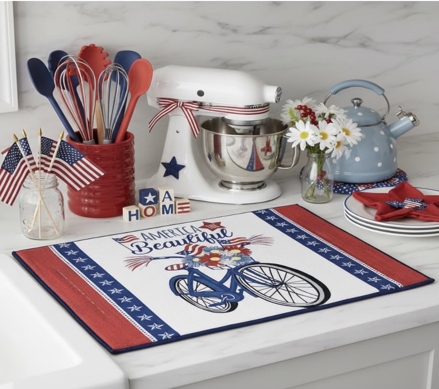 Serafina Home Patriotic Dish Drying Mat, America the Beautiful Bicycle Design, Red White Blue, Cotton, 15" x 20", Machine Washable, 4th of July Kitchen Décor - color: patriotic bike