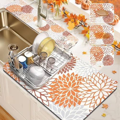 Findosom 2PCS 16" x 24" Fall Dish Drying Mat & 24" x 5.5" Sink Splash Guard, Super Absorbent & Cuttable Dish Mat Drying Kitchen Mat with Orange Floral, Hide Stain Drying Mat for Kitchen Counter - color: Orange, size: 16" X 24" + 24" X 5.5"