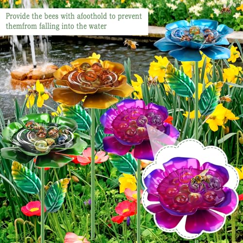 4 Pack Bee Watering Station, Metal Bee Feeder with Glass Marbles, Flower Design Bee Butterfly Watering Station Bee Waterer for Outdoor Garden Courtyard Decors