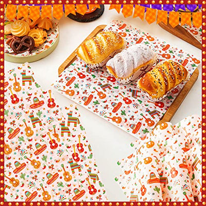 100 Pcs Fiesta Wax Paper for Food, Cinco De Mayo Wax Paper Sheets Deli Paper Sandwich Wrap Candy Wraps, Waterproof Oil-proof Picnic Basket Liners with Guitar Pattern for Kitchen Handmade Food(White) - color: Fiesta-white