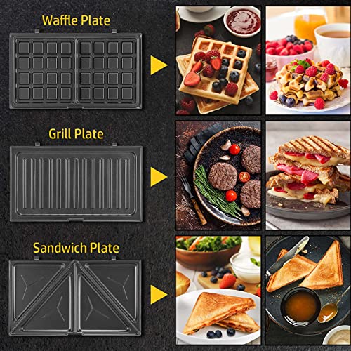 OSTBA 3-in-1 Sandwich Maker with Removable Plates, Panini Press, Waffle Maker, Non-Stick, 750W Compact Breakfast Grill for Sandwiches, Waffles, Steak, Black - style: ABS06