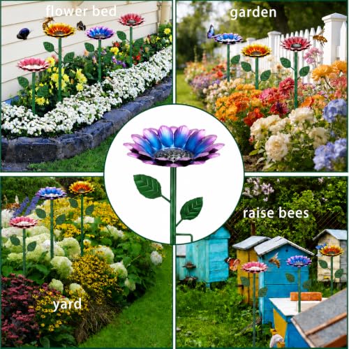 4 Pack Sunflower Flower Bee Watering Station with 20 Glass Beads - Bee Bath for Garden Metal Bee Water Feeder with Flower Design, Colorful Outdoor Insect Hydration Station for Attracting Bees ﻿