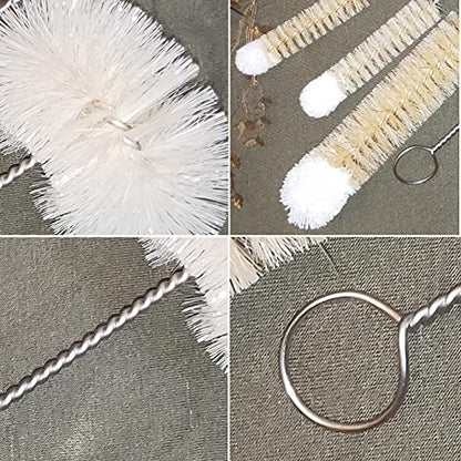 Bottle Brushes Thin Long Handle X 4, Skinny Wire Cleaner Set in Stainless Steel with Natural Boar Bristle at Wool Tip, Bendable Flexible for Cleaning Narrow Neck Bottles, Pipe, Tube, Hose