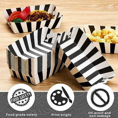 Yaomiao 100 Pcs Striped Paper Food Trays Carnival Paper Boats for Food Nacho Hot Dog Disposable Plates Disposable Serving Trays for Carnivals Fairs Festivals Picnics(Black) - color: Black
