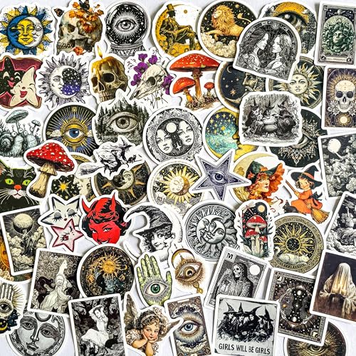 56 Pcs Vintage Cryptid Witchy Gothic Stickers – Medieval Occult Astrology Celestial Sun Moon Tarot Gothic Skull Vinyl Decals for Scrapbooking Journals Laptops - color: Medieval Occult