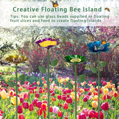 4 Packs Metal Bee Watering Station,Bee Water Feeder for Garden with 20 Marbles for Outdoor Decor,Decorative Water Feeder to Attract Pollinators(Red,Green,Blue,Yellow) - style: Rose Style