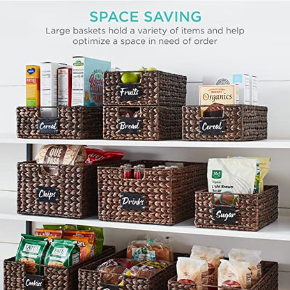 Best Choice Products 40.6 x 30.5cm(16 x 12인치) 대형 부레옥잠 식료품 저장실 바구니 4개 세트, 칠판 라벨이 있는 우븐 오거나이저, 분필 마커 - 브라운 - color: 브라운., size: 12x16x5in