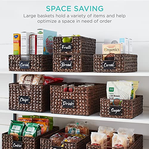 Best Choice Products 식료품 저장실 바구니 40.6 x 30.5cm(16 x 12인치) 워터 히아신스 보관 바구니 2개 세트, 손잡이가 달린 우븐 고리버들 주방 정리함, 칠판 라벨 분필 마커 포함 - 브라운 - color: 브라운., size: 12x16x8in