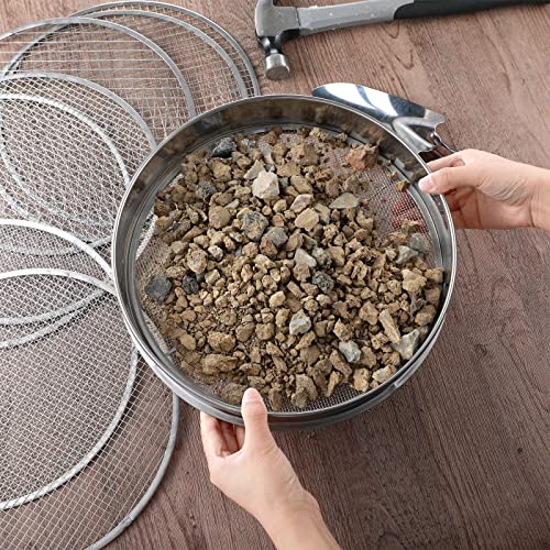 Bonuci 10 Pcs 12 Inch Soil Sieve Stainless Steel Sieve Set Garden Soil Sifter Potting Mix Sifter with 8 Interchangeable Filter Mesh 2, 3, 5, 6, 7, 9, 10, 12 mm and Shovel for Garden Compost(Silver)