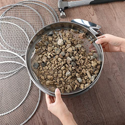 Bonuci 10 Pcs 12 Inch Soil Sieve Stainless Steel Sieve Set Garden Soil Sifter Potting Mix Sifter with 8 Interchangeable Filter Mesh 2, 3, 5, 6, 7, 9, 10, 12 mm and Shovel for Garden Compost(Silver)