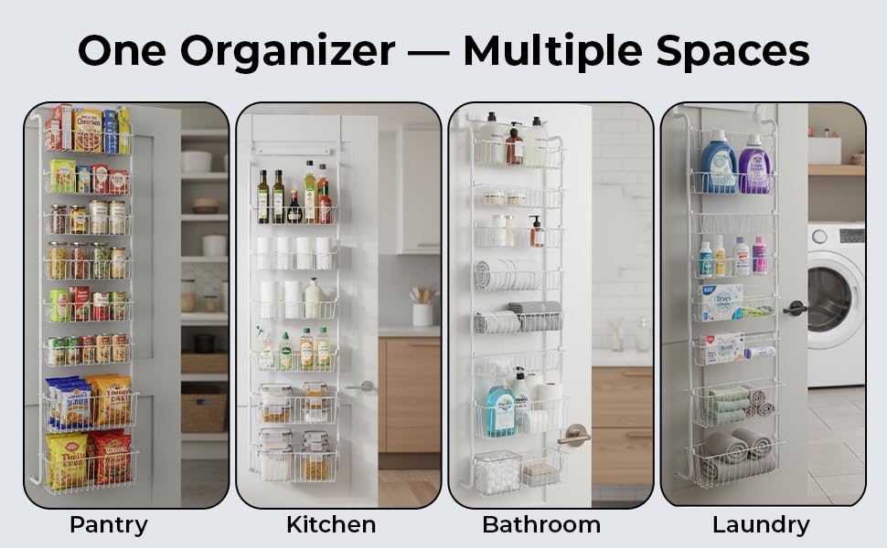 Over Door Organizer Storage - 8 Tier White Metal Over the Door Pantry Organizer Heavy Duty Hanging Storage Rack, Behind Cabinet Shelves for Home, Kitchen, Bathroom, Closet, Pantry