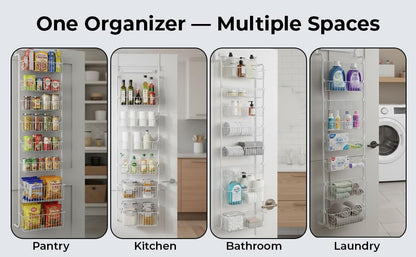 Over Door Organizer Storage - 6 Tier Black Metal Over the Door Pantry Organizer Heavy Duty Hanging Storage Rack, Behind Cabinet Shelves for Home, Kitchen, Bathroom, Closet, Pantry