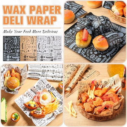 Outus 600 Pcs 12 x 12 Inch Deli Wax Paper Sheets Grease Resistant Tray Basket Liners Newsprint Paper Water and Grease Proof Sandwich Wrapping Square Hot Dog Wrapper for Food (White,Black,Brown) - color: White,Black,Brown