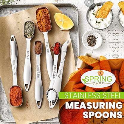 Spring Chef Stainless Steel Measuring Spoons Set of 6 with Leveler, Rectangular Metal Teaspoon & Tablespoon Measuring Spoons for Dry & Liquid Ingredients - Nesting Kitchen Gadgets For Baking & Cooking - style: Spoons - Set of 6