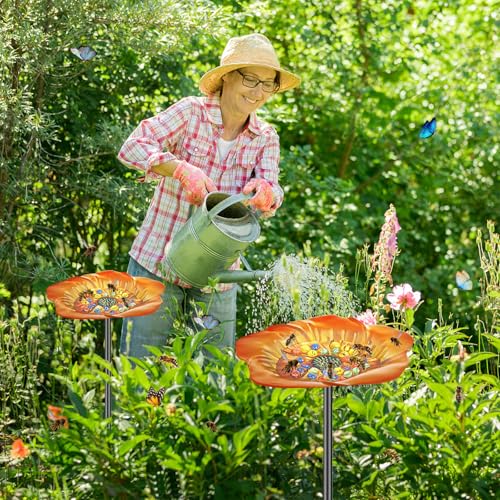 Bee Butterfly Watering Station, 4 Prongs Base Stake Butterfly Bee Feeder for Garden with Glass Marbles, Bee Bath with Vivid Flower Design for Garden Yard Patio Decor (Orang Yellow) - style: Floral