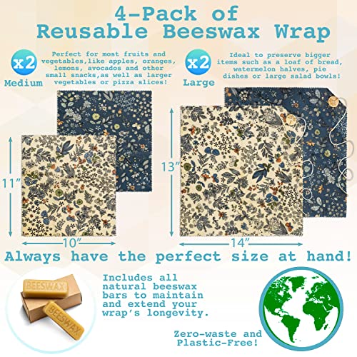 4-Pack Reusable Beeswax Wraps with Produce Bag & 2 Beeswax Bars