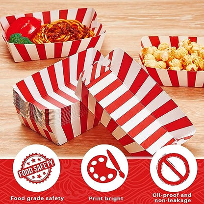 Yaomiao 100 Pcs Striped Paper Food Trays Carnival Paper Boats for Food Nacho Hot Dog Disposable Plates Disposable Serving Trays for Carnivals Fairs Festivals Picnics(Red) - color: Red