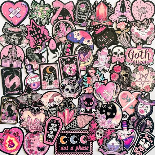 50-Piece Pink Goth Witch Sticker - Pastel Gothic Stickers with Skulls, Crystals, Cats, Tarot Cards, Spooky Quotes - Waterproof Vinyl for Laptops, Scrapbooks, Water Bottles - color: Pink Goth