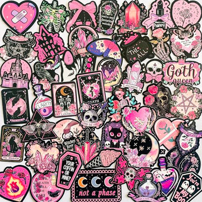 50-Piece Pink Goth Witch Sticker - Pastel Gothic Stickers with Skulls, Crystals, Cats, Tarot Cards, Spooky Quotes - Waterproof Vinyl for Laptops, Scrapbooks, Water Bottles - color: Pink Goth