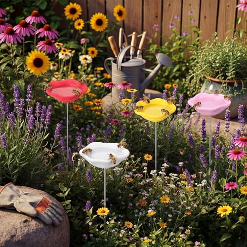 4 Pack Resin Bee Watering Station for Butterfly Garden Cups Bath Bee Feeders for Thirsty Pollinators Outdoor Garden Yard Stakes Decor Flower Design Plastic Free Attracting Glaze(Stylish) - style: Stylish
