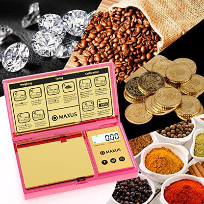 MAXUS Digital Gram Scale with 200g x 0.01g Capacity, Stylish Pink Plated Shining Cover and Platform, Mini Pocket Scale for Food and Jewelry - color: Pink