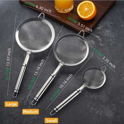 3.3inch 304 Stainless Steel Fine Mesh Strainer for Kitchen, Colander-Skimmer with Handle, Metal Sieves Sifters - size: 3.3inch