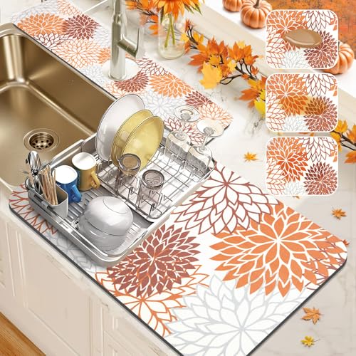 Findosom 2PCS 12" x 20" Fall Dish Drying Mat & 24" x 5.5" Sink Splash Guard, Super Absorbent & Cuttable Dish Mat Drying Kitchen Mat with Orange Floral, Hide Stain Drying Mat for Kitchen Counter - color: Orange, size: 12" X 20" + 24" X 5.5"