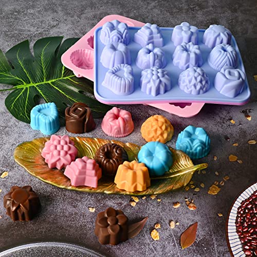 Sakolla 3 Pack Flower Molds Silicone, 12 Cavities Different Shapes Silicone Molds for Chocolate, Cupcake, Candy, Jelly, Ice Cube, Muffin (Pink, Purple, Blue) - color: Flower Shape/3 Colors