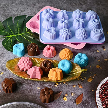Sakolla 3 Pack Flower Molds Silicone, 12 Cavities Different Shapes Silicone Molds for Chocolate, Cupcake, Candy, Jelly, Ice Cube, Muffin (Pink, Purple, Blue) - color: Flower Shape/3 Colors