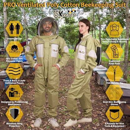 Ultra-Ventilated Polycotton Beekeeping Suit for Men & Women with Gloves & Two Beekeeping Veils-Professional & Beginner Apiarist Suit. (Olive,XL) - color: Olive, size: X-Large