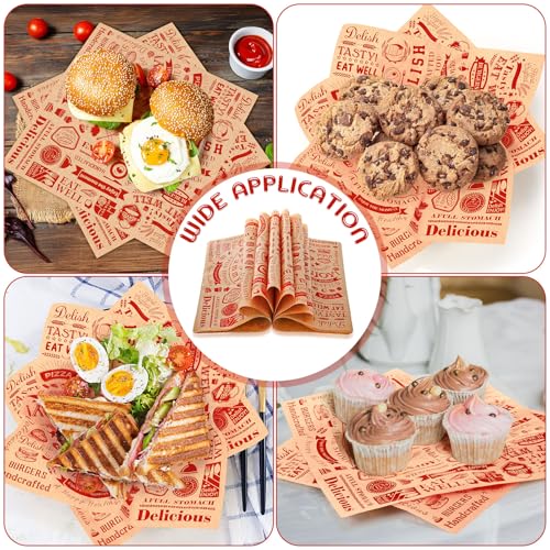 600 Pcs 12 x 12 Inch Deli Wax Paper Sheets Grease Resistant Tray Basket Liners Newsprint Paper Water and Grease Proof Sandwich Wrapping Square Hot Dog Wrappers for Food Baking (Red on Brown) - color: Red on Brown