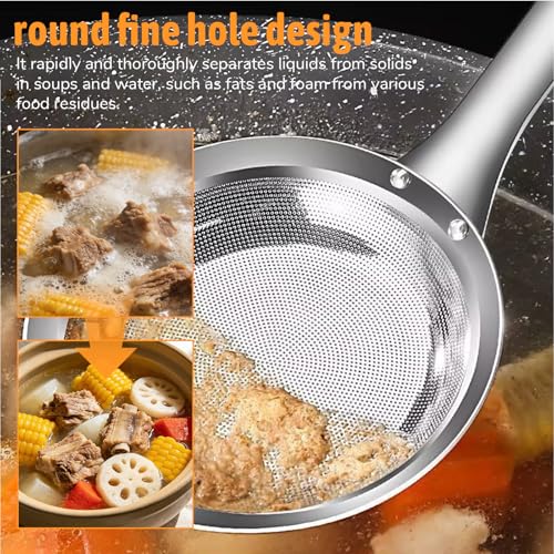 Fine Mesh Stainless Steel Colander Flat Hot Pot Fat Skimmer Fine Mesh Strainer Slotted Spoons with Handle Sieve Fines Meshes Colander Spoon Strainer for Kitchen Baking Oil Filter Kitchen Gadgets