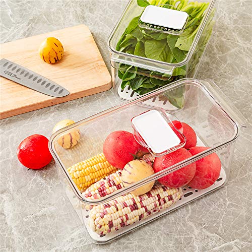 SANNO Produce Saver Refrigerator Organizer Bins with Lids And Removable Drain Tray Food Storage Container Fridge Stackable Freezer Bins For Kitchen Produce Fruit Vegetable (Set of 2) - size: 12.4” x 6.4”x 5.7"+12.4” x 6.4”x 5.7"