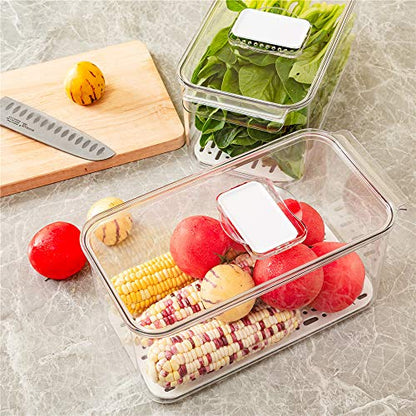 SANNO Produce Saver Refrigerator Organizer Bins with Lids And Removable Drain Tray Food Storage Container Fridge Stackable Freezer Bins For Kitchen Produce Fruit Vegetable (Set of 2) - size: 12.4” x 6.4”x 5.7"+12.4” x 6.4”x 5.7"