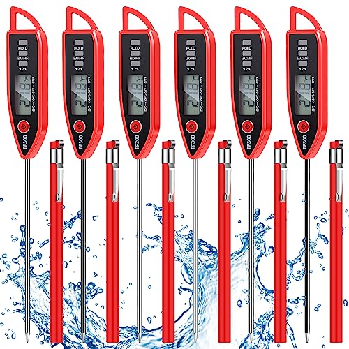 Copkim 6 Set Waterproof Food Thermometer for Water, Liquid, Candle and Cooking Digital Meat Thermometer with Long Probe Instant Read for Kitchen BBQ Grill Candy (Red) - color: Red