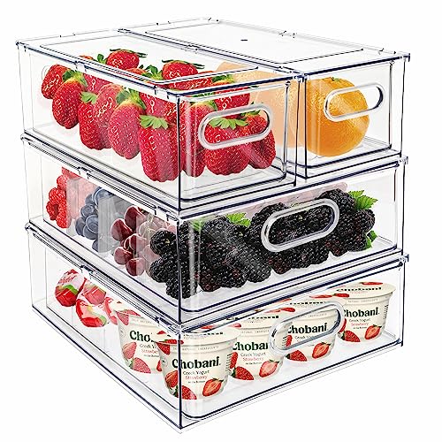 Mano Fridge Drawer Pull Out Stackable Bins with Handle Clear Refrigerator Drawers Organizer Food Storage Container Box with Dividers Plastic Produce Saver for Pantry, Cabinet, Kitchen, Clothes（4Pack） - style: 2*3L+2*6L