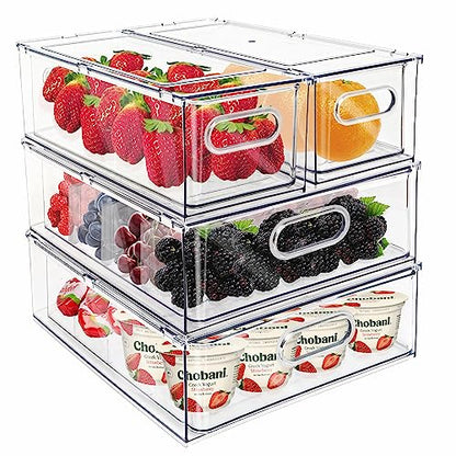 Mano Fridge Drawer Pull Out Stackable Bins with Handle Clear Refrigerator Drawers Organizer Food Storage Container Box with Dividers Plastic Produce Saver for Pantry, Cabinet, Kitchen, Clothes（4Pack） - style: 2*3L+2*6L