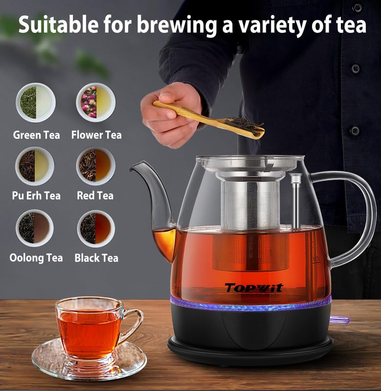 Topwit Electric Kettle Glass, For Hot Water, Tea and Coffee Dual Purpose Design, BPA-Free, 1L Pour Over Removable Stainless Steel Infuser, Auto-shut Off & Boil-dry Protect - color: Black