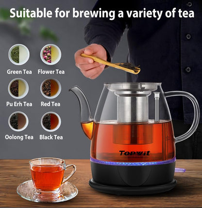 Topwit Electric Kettle Glass, For Hot Water, Tea and Coffee Dual Purpose Design, BPA-Free, 1L Pour Over Removable Stainless Steel Infuser, Auto-shut Off & Boil-dry Protect - color: Black