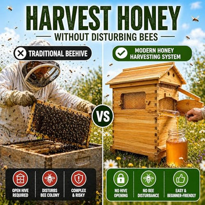 Wooden Beehive Starter Kit with Honey Collection System & Frames, Bee Hive Box with Observation Window, Beginner Friendly Backyard Beekeeping Kit for Honey Harvesting, 24"×22"×30"