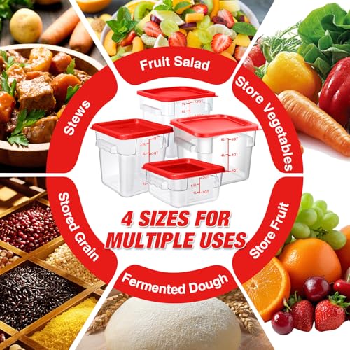 Square Storage Container with Lid, Commercial Box with Measurement Marks & Handle, for Baking, Dough Proofing, Meat Brining, Kitchen Tool (Red, 6QT-4PACK) - size: 6QT-4PACK