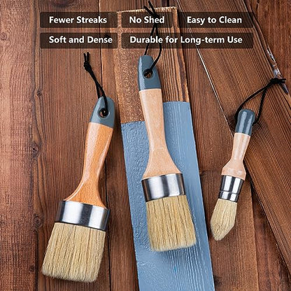 Mister Rui Chalk Paint Brushes, 3 Pack Wax Brush Set, Round Paint Brush Use with All Paints, Natural Bristle Brush for Painting, Stencils, Waxing, Home Decor, DIY Art Crafts - size: 1.2"1.9"2.4"