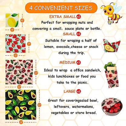 Reusable Beeswax Wrap, 4 Pack Eco-Friendly Beeswax Wraps For Food, Organic, Sustainable, Biodegradable, Zero Waste, Plastic-Free Food Storage, 1L Avocado, 1M Cherry, 1S Strawberry, 1XS Lemon Patterns