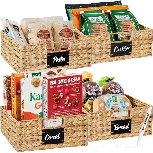 Best Choice Products 33 x 30.5cm(13 x 12인치) 워터 히아신스 식료품 저장실 바구니 4개 세트, 칠판 라벨이 있는 우븐 오거나이저, 분필 마커 - 내추럴 - color: 천연, size: 13x12x5in