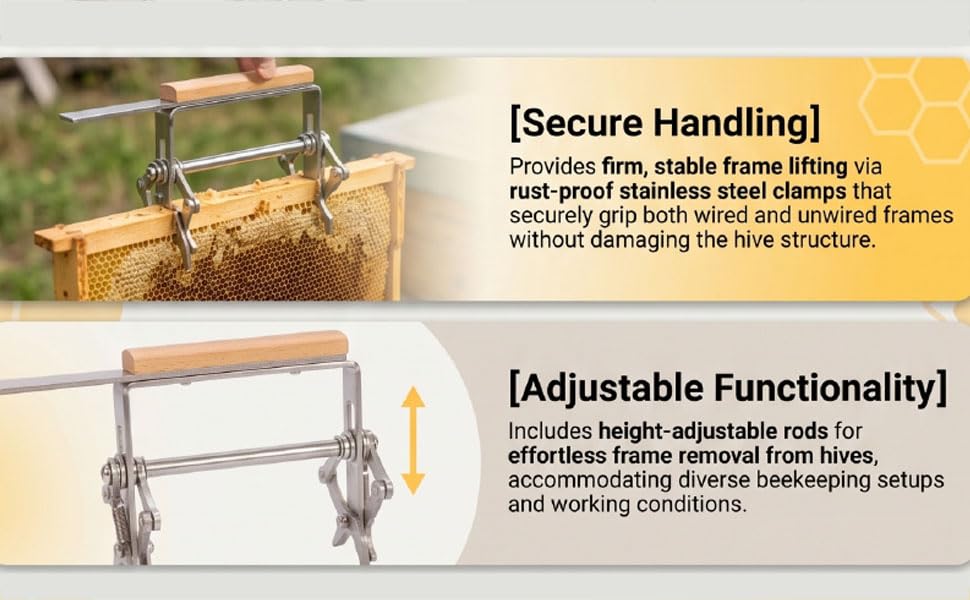 Fafeicy Beehive Frame Grip Tool, Beekeeping Frame Holder with Polished Beech Wood Handles and Stainless Steel Jaws for Lifting Frames from Hives